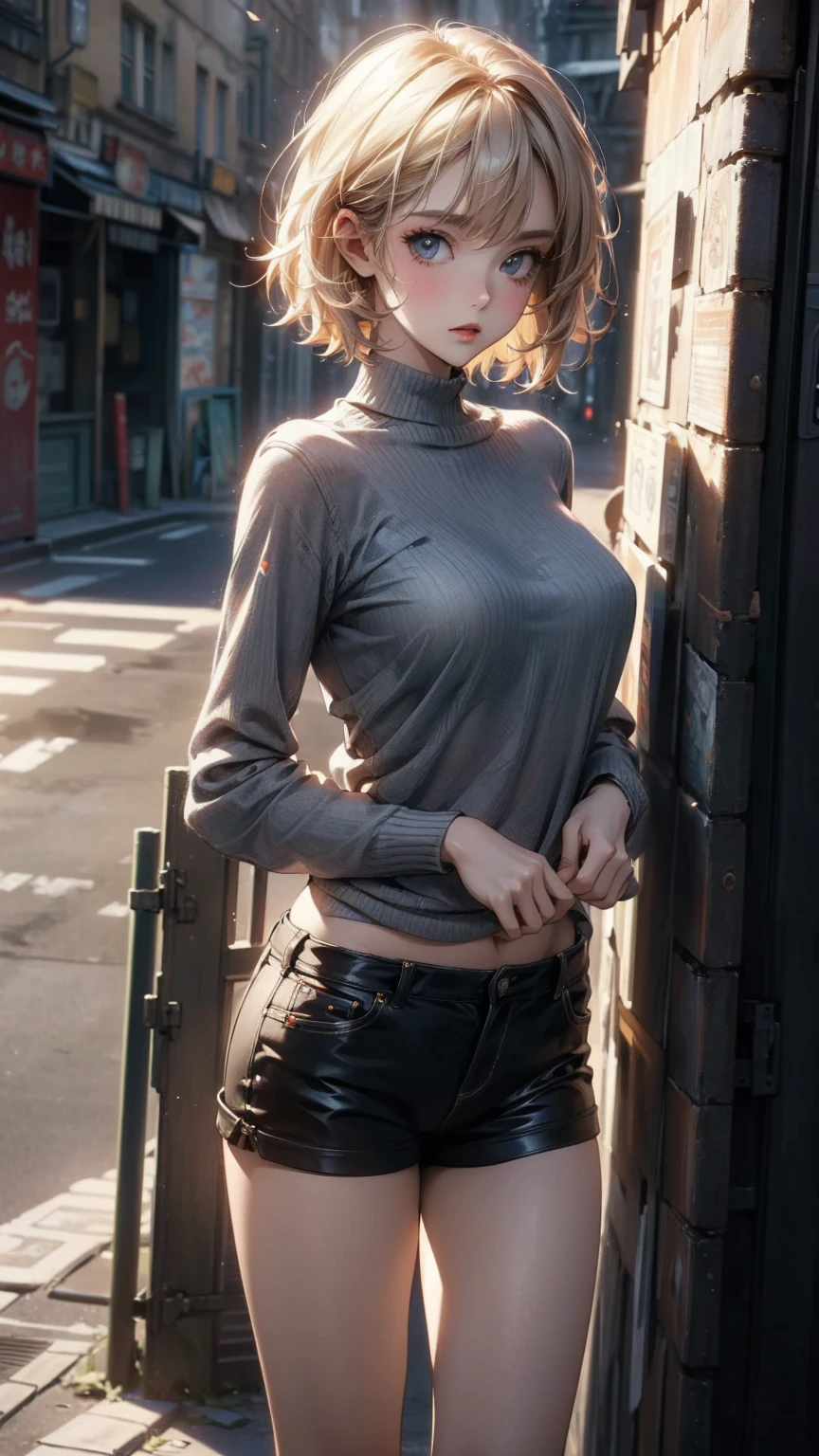 ((Highly detailed CG unit 8K wallpaper, masterpiece, High resolution, highest quality)), Structure from head to thighs:1.3, Upper body focus, 20-year-old woman, short hair, Avant-garde makeup, Hands in pockets pose:1.5, Micro Mini Shorts, Blurred Background, A deserted back alley in Paris, Cinema Lighting, Anime Style, Simple lines, Digital Painting,