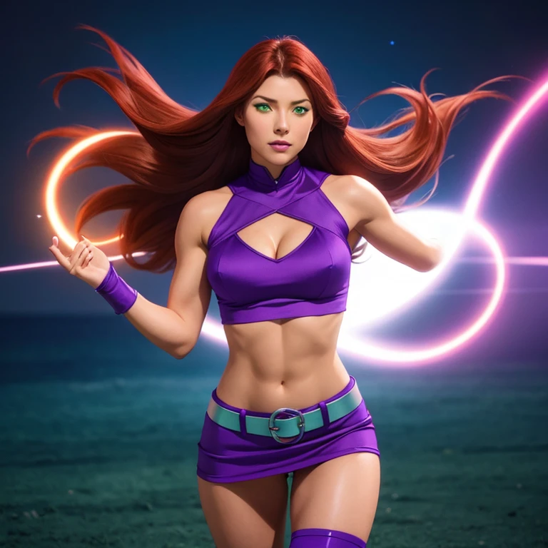 Photorealistic, Ultra realistic, 16k, high quality, cinematic lights, dream atmosphere, dream aesthetic, 1girl, red-scarlet hair, (realistic silky hair), StarfireDC, glowing green eyes (shining), long flowing hair(red), tanned skin illuminated, realistic textured skin, realistic shading, glowing eyes tan skin, cleavage, large natural breasts, (purple crop top:1.2), bare shoulders, midriff, purple miniskirt, purple thighhighs, realistic textures, belt, 16k resolution, detailed face and eyes, muscular female body, strong arms, lean belly, strong hips, muscular thighs, thick legs, full body, realistic, flying through the air, glowing balls of energy in her hands, style-paintmagic, different positions at different types of angles. 