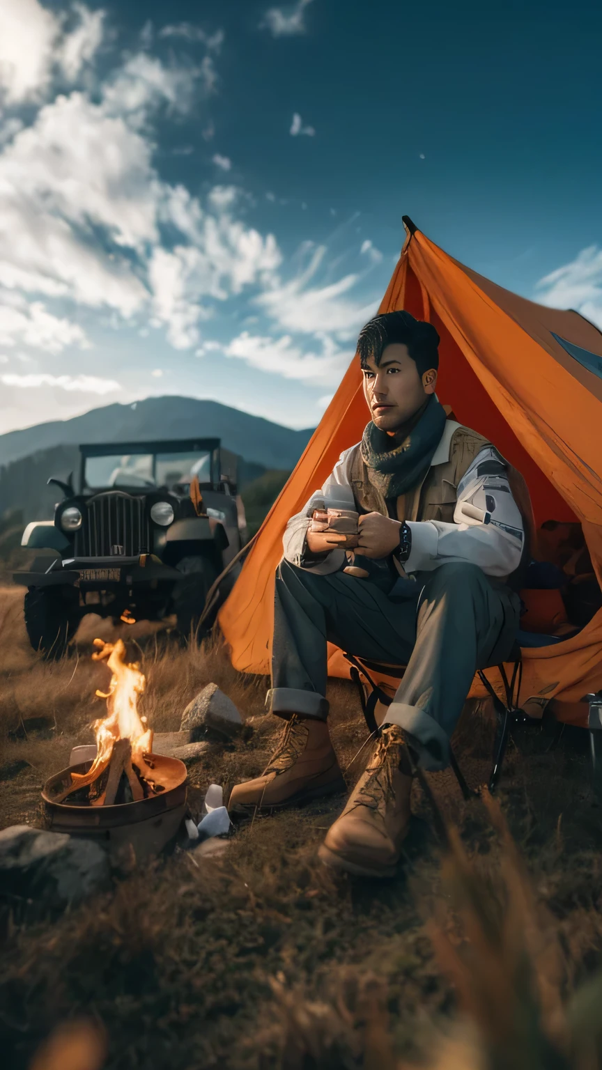 Yes, A handsome man in his 30s with white skin, short black hair, clean face, no mustache and no beard ((no mustache and beard hair on his face)) Arav man in a hilly forest with a backpack and duffel bag, Character portrait inspired by Raymond Han, shutter, Chin Hanka, Model wearing a technical vest, Rick Dai, Asian man, Ross instead, Darren Quach, Eric Hu, Damien Tran, full body portrait of a ranger, Ruanjian, Male soldier in the forest.