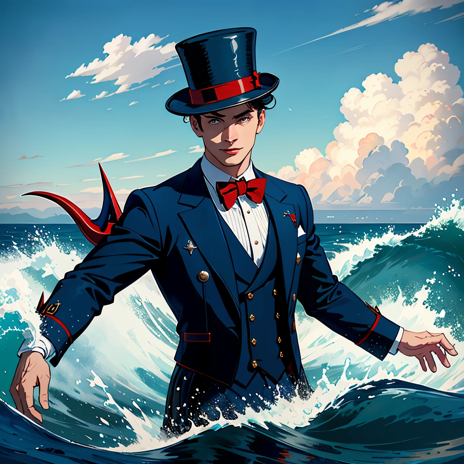 (Masterpiece, High Quality, 1 man, Man with a blue and red coat, Top hat, Trident), Detailed texturing, Realistic rendering, Shiny coat material, Vibrant red and blue colors, Cinematic lighting, Dramatic pose, holding the trident with both hands, (Nautical theme), (Mythological figure:1.5), (Expressive face with a mischievous smile), (Background:1.0), Anchors and ships in the background, Rough ocean waters, Foamy white waves, Seagulls flying overhead, (Realistic reflections on the coat and top hat), (High resolution:8K Wallpaper), (Award