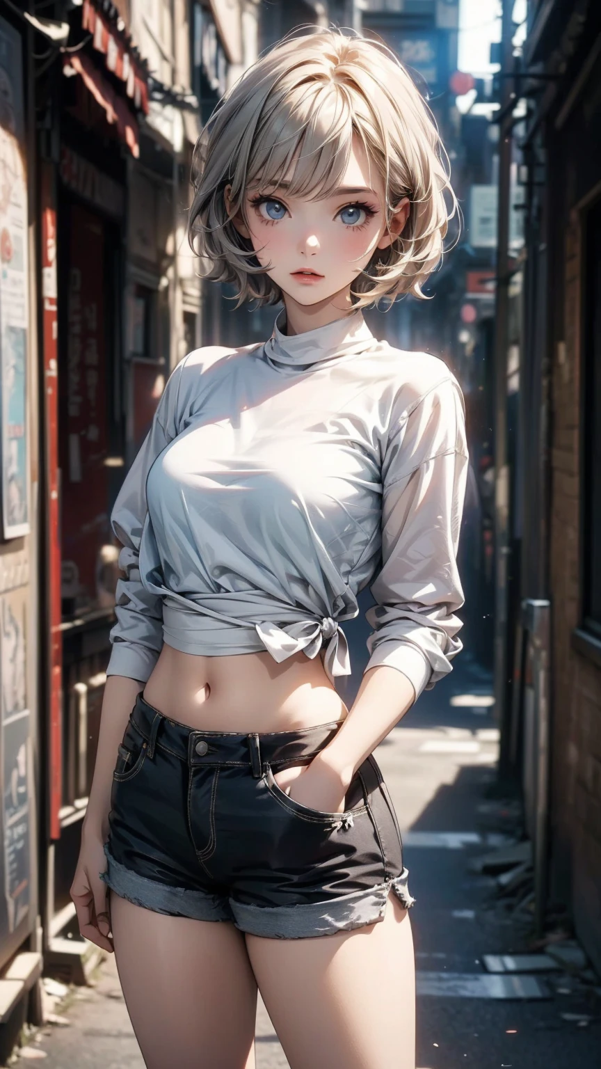 ((Highly detailed CG unit 8K wallpaper, masterpiece, High resolution, highest quality)), Structure from head to thighs:1.3, Upper body focus, 20-year-old woman, Ash gray short hair, Avant-garde makeup, Hands in pockets pose:1.5, Micro Mini Shorts, Blurred Background, A deserted back alley in Paris, Cinema Lighting, Anime Style, Simple lines, Digital Painting,