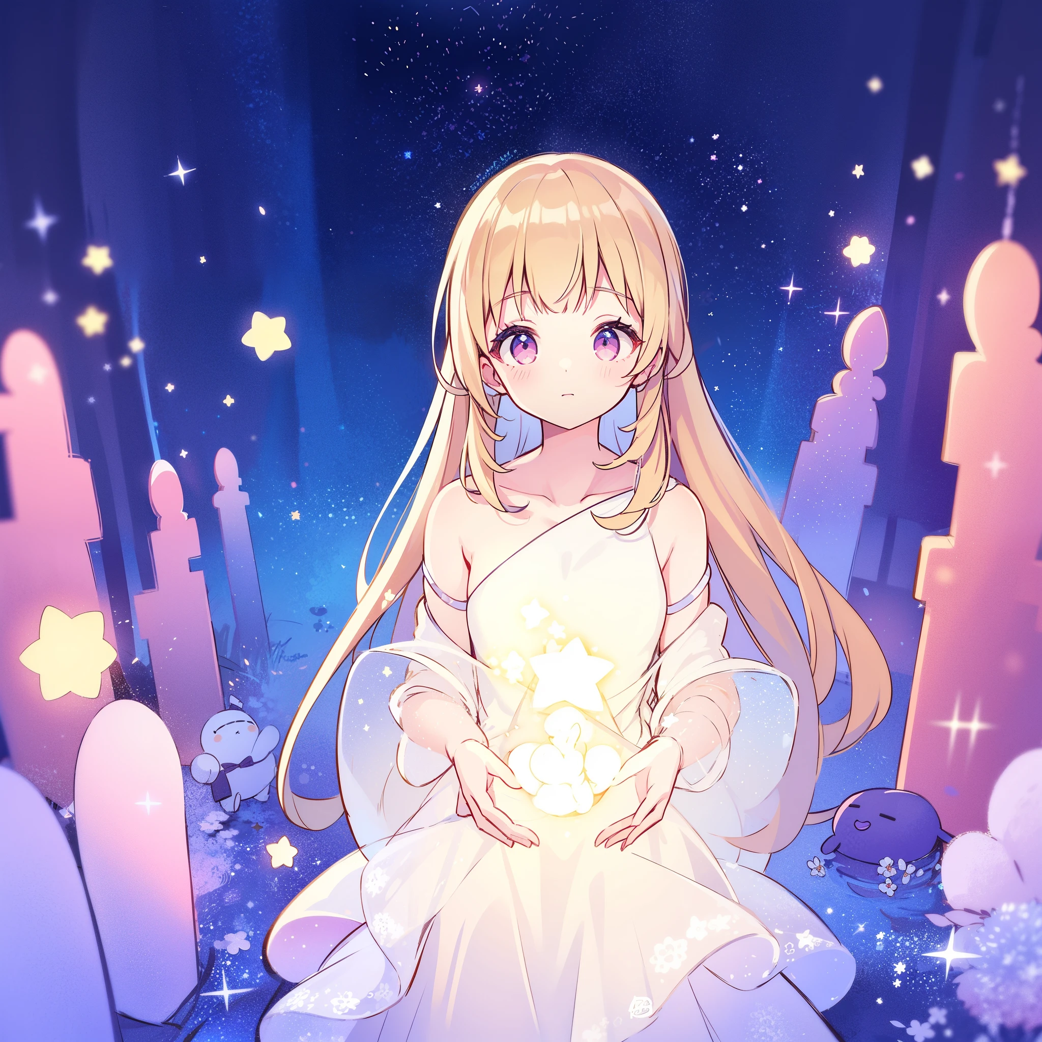 complex background, wishing star background, a woman wearing an ethereal mystical pink translucent dress that reflects the stars, dreamy, peaceful, serene composition, glowing stars, glowing, complex drawing, highly detailed, ethereal, starry night, midjourney style