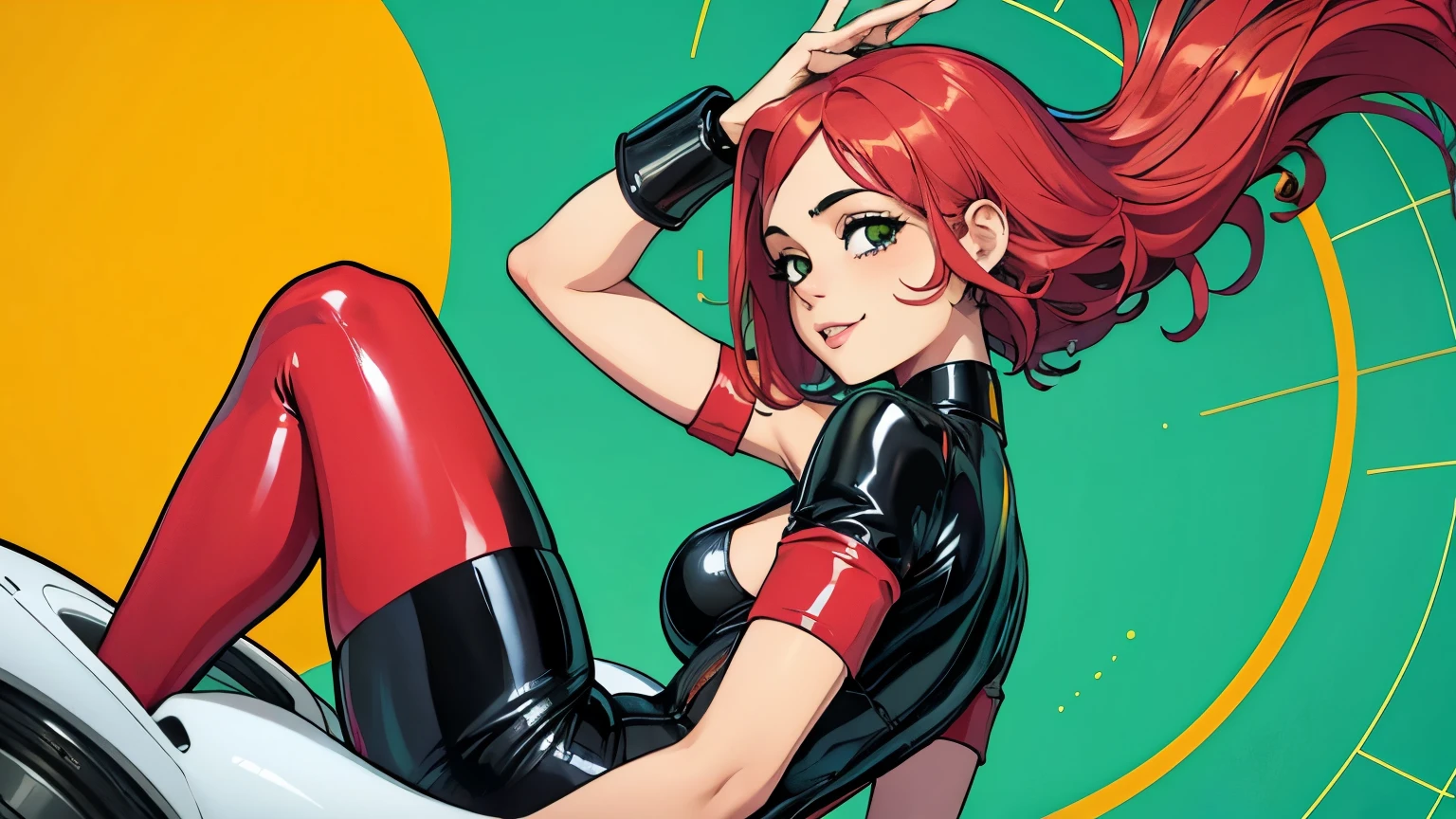 wallpaper, chica flotando en el espacio cabello corto, pecas , cabello rosa y verde, fondo de palnetas, feliz, hermosa , jovial, latex outfit,