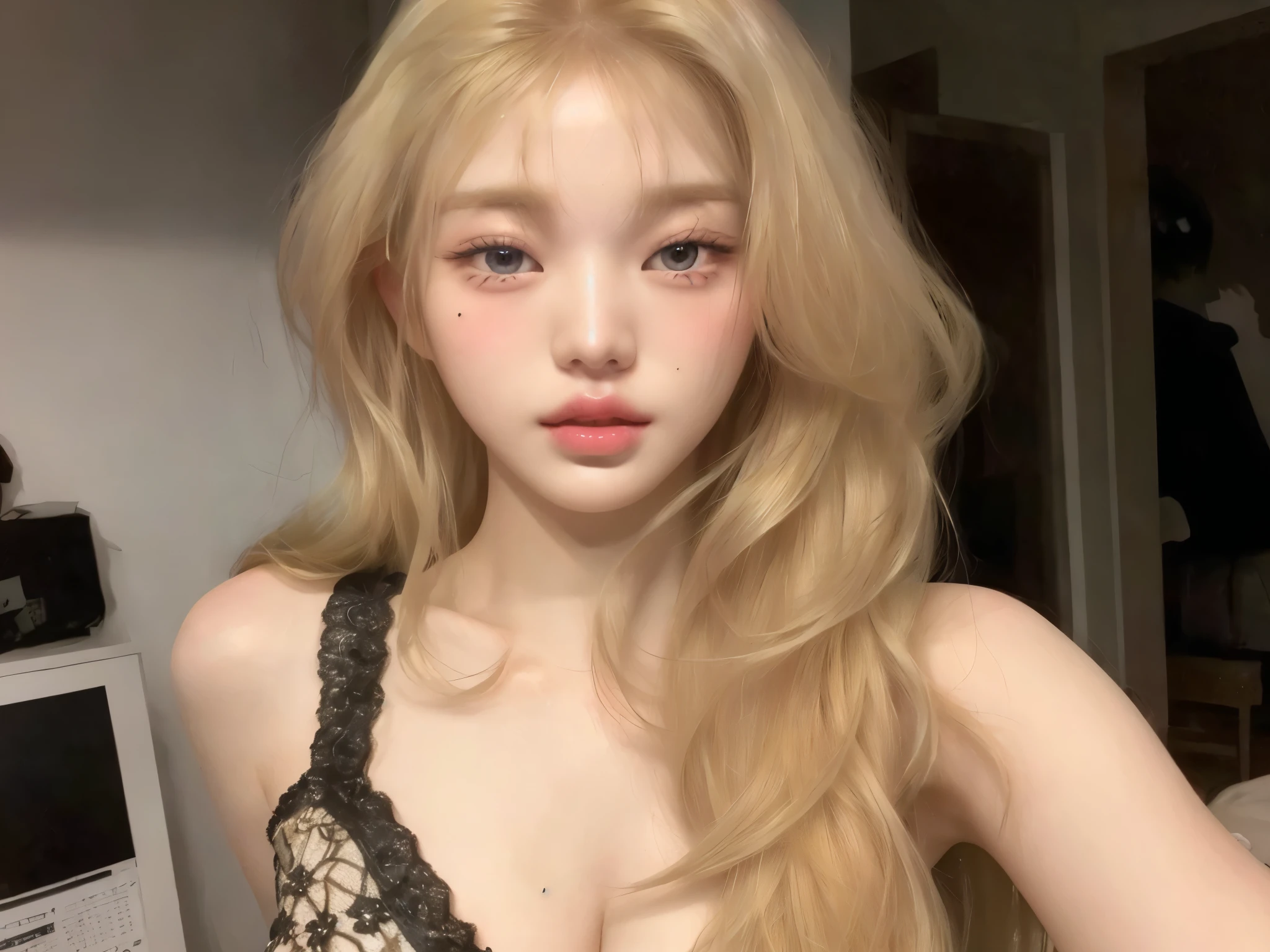 A close-up of a woman with long blonde hair wearing a bra, very very pale blonde hair, muchacha coreana, hermosa mujer surcoreana, pale skin curly blonde hair, hermosa joven coreana, extremely pale blonde hair, ig model | tipo germen, pelo beige, ulzzang, hermosa joven coreana, beautiful asian girl, parque roseanne de blackpink