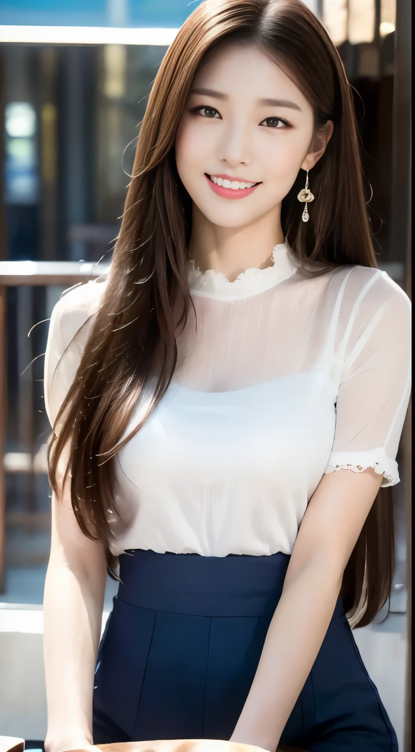 Highest quality、8K、Highest quality、masterpiece、Brown Hair、summer、long hair、smile、double eyelid、Big Breasts、Young Japanese Woman、White blouse、secretary、Tight Skirt
