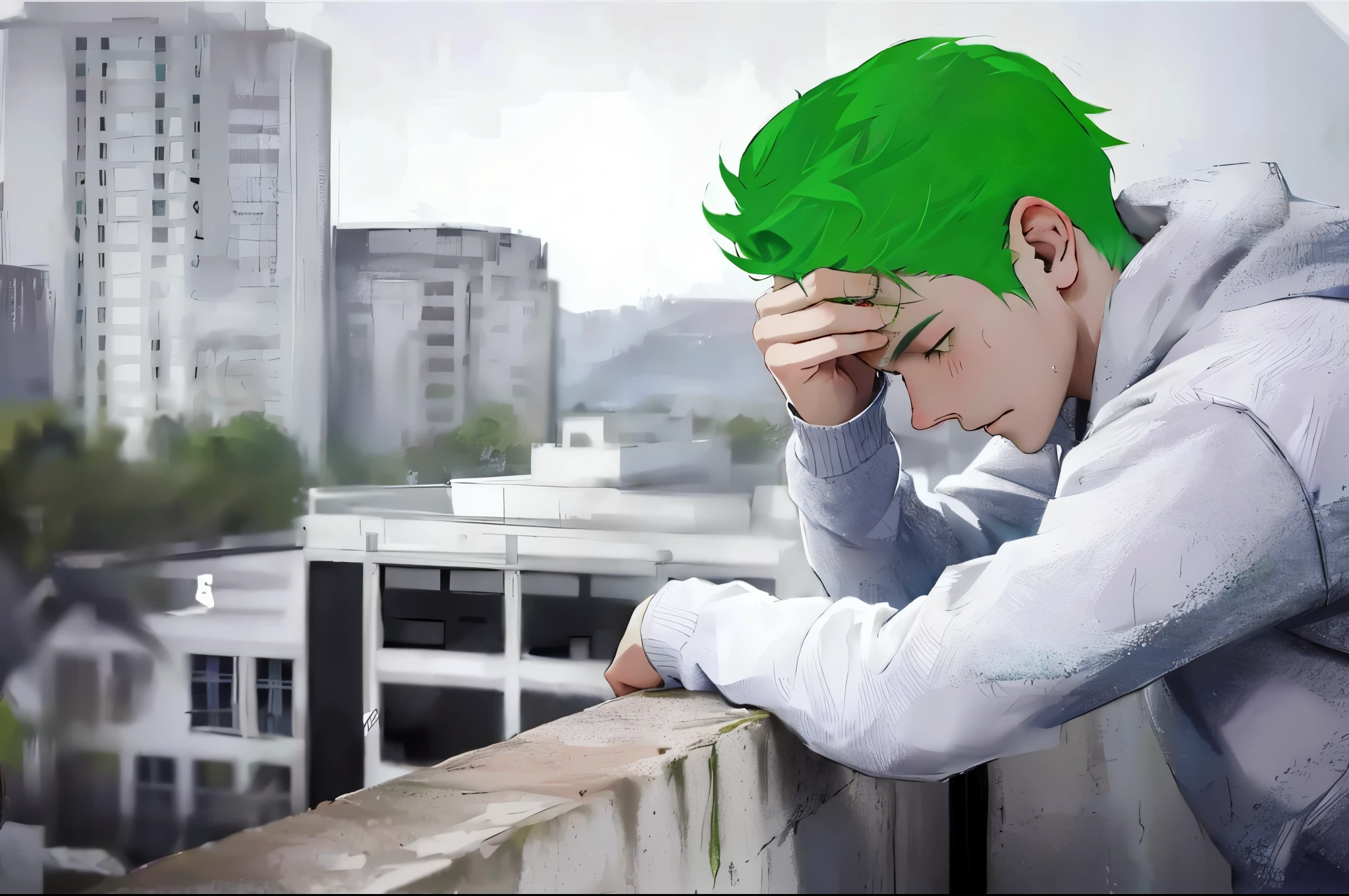 a 16 year old boy with green hair feels stress, shame, fear