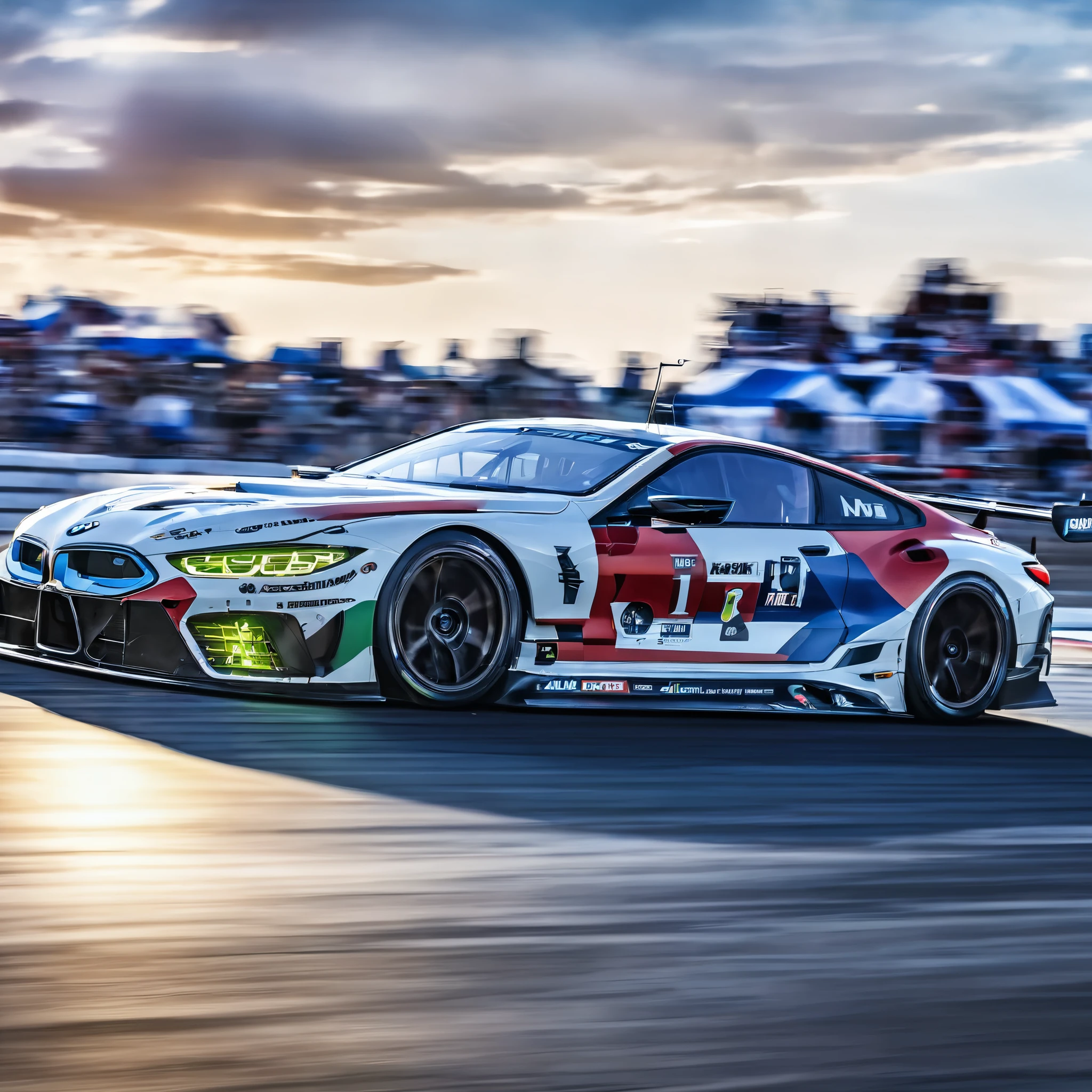 An electrifying digital art composition showcasing the BMW M8 GTE F92 dominating the iconic Le Mans track with unparalleled speed and precision. Picture the sleek silhouette of the M8 GTE slicing through the air as it navigates the legendary circuit's challenging corners and long straights. The vibrant colors of the car's livery pop against the backdrop of the French countryside, while the roar of its engine reverberates off the grandstands and surrounding landscape. In the immersive scene, the track is alive with energy as spectators line the sidelines, their excitement palpable as they witness the BMW M8 GTE in action. The setting sun casts a warm glow over the track, adding to the drama and intensity of the moment. Every detail of the car, the track, and the surrounding environment is meticulously rendered, capturing the adrenaline-fueled atmosphere of one of motorsport's most prestigious events. With the highest resolution and attention to detail, this digital artwork transports you to the heart of the Le Mans race track, where the BMW M8 GTE F92 reigns supreme as a symbol of power, performance, and precision on the world stage, UHD, HDR, 4k, best quality, masterpiece, retina, cinematic lighting, bloom, award winning, digital print, photo realistic, best quality