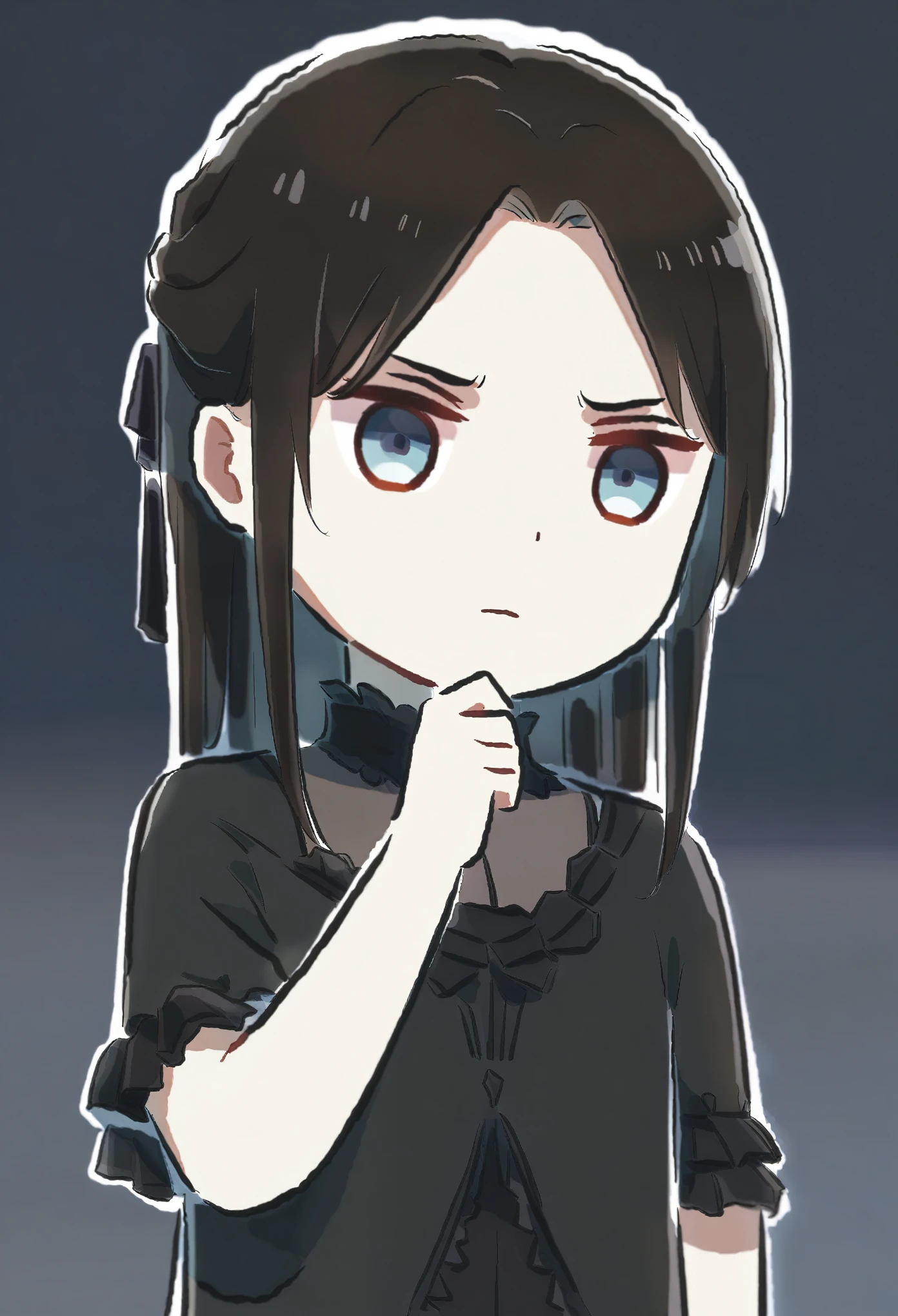 masterpiece, (by xinzoruo:1.3), 1girl, masterpiece, best quality, very aesthetic, absurdres, ultra-detailed, rating_general, upper body, score_9, score_8_up, score_7_up, front, black hair, long hair, (parted bangs), dark blue eyes, innexpressive, pale skin, small breasts, upper body, victorian fashion, black dress, frilled dress, short sleeves, a single hand stroking her own chin, delicate hand, white background background, best quality
