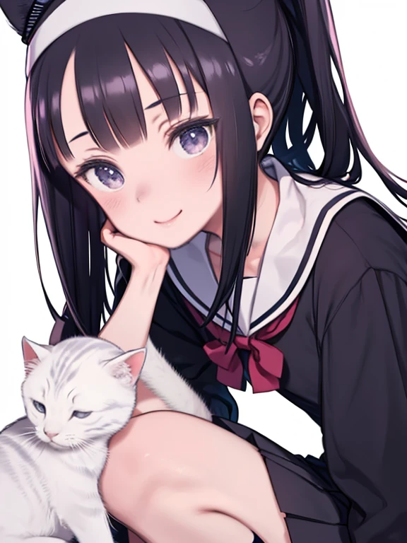 Sailor suit, One Woman, (Beautiful woman, Delicate schoolgirl:1.3), 8k, highest quality, masterpiece, Very detailed, Ultra-high resolution, Realistic, RAW Photos, Absolute Resolution, Black Hair, ponytail tied with a ribbon, face is small compared to body, Very small face, Black Hair, navy blue Sailor suit, Navy Blue Skirt, High school girl wearing a Sailor suit, Anime 2D Rendering, Realistic若いアニメの女子高生, , ((White headband)), Top-down position, Small breasts, expensive, Slanted Eyes, Purple eyes, (School Scene), Black Stockings, garter belt, smile, Holding a kitten,　Petting a kitten on the head,