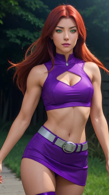 Photorealistic, Ultra realistic, 16k, high quality, cinematic lights, dream atmosphere, dream aesthetic, 1girl, red-scarlet hair, (realistic silky hair), StarfireDC, glowing green eyes (shining), long flowing hair(red), tanned skin illuminated, realistic textured skin, realistic shading, glowing eyes tan skin, cleavage, large natural breasts, (purple crop top:1.2), bare shoulders, midriff, purple miniskirt, purple thighhighs, realistic textures, belt, 16k resolution, detailed face and eyes, muscular female body, strong arms, lean belly, strong hips, muscular thighs, thick legs, full body, realistic, flying through the air, glowing balls of energy in her hands, style-paintmagic, different positions at different types of angles.