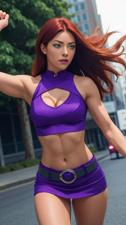 Photorealistic, Ultra realistic, 16k, high quality, cinematic lights, dream atmosphere, dream aesthetic, 1girl, red-scarlet hair, (realistic silky hair), StarfireDC, glowing green eyes (shining), long flowing hair(red), tanned skin illuminated, realistic textured skin, realistic shading, glowing eyes tan skin, cleavage, large natural breasts, (purple crop top:1.2), bare shoulders, midriff, purple miniskirt, purple thighhighs, realistic textures, belt, 16k resolution, detailed face and eyes, muscular female body, strong arms, lean belly, strong hips, muscular thighs, thick legs, full body, realistic, flying through the air, glowing balls of energy in her hands, style-paintmagic, different positions at different types of angles. 