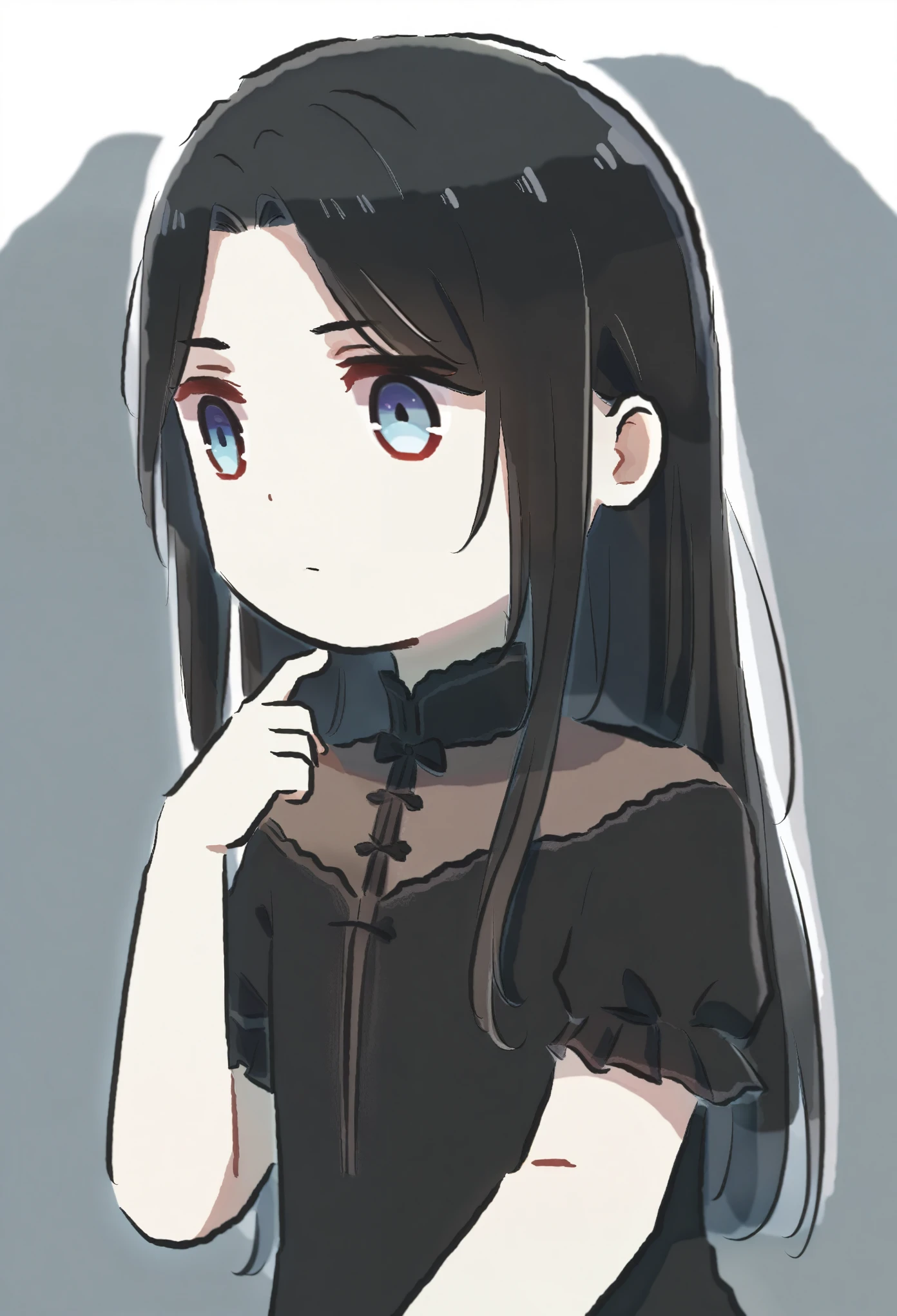 masterpiece, (by xinzoruo:1.3), 1girl, masterpiece, best quality, very aesthetic, absurdres, ultra-detailed, rating_general, upper body, score_9, score_8_up, score_7_up, front, black hair, long hair, (parted bangs), dark blue eyes, innexpressive, pale skin, small breasts, upper body, victorian fashion, black dress, frilled dress, short sleeves, a single hand stroking her own chin, delicate hand, white background background, best quality