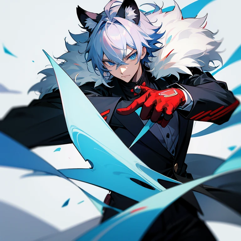 Male, Detailed, Tall, Buff, Wearing a ushanka hat, Wearing a black jacket with gray spiky fur on the neck, eyes are covered with white fluffy hair, and holding chains on the ground as a weapon.