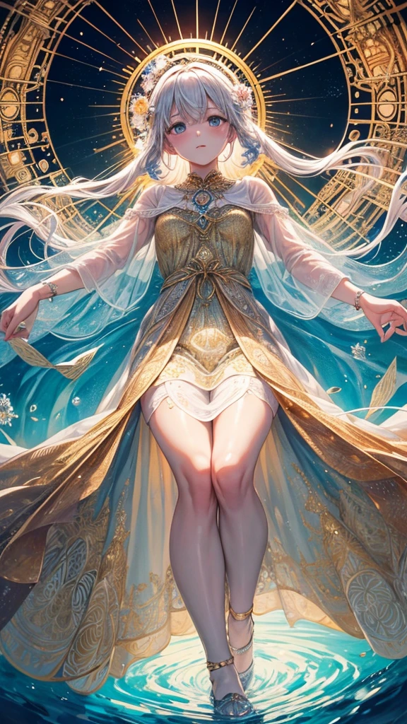 1 girl, heiterer Ausdruck, faszinierende Augen, glattes langes Haar, flowing dress, ausgeglichene Haltung, Porzellanhaut, subtle blush, Crystal pendant BREAK Golden Hour, (Felgenbeleuchtung):1.2, warm tones, Sonneneruption, weiche Schatten, Leuchtende Farben, malerische Wirkung, dreamy atmosphere break picturesque lake, ferne Berge, Weidenbaum, stilles Wasser, Betrachtung, sonnenbeschienene Wolken, peaceful atmosphere, idyllischer Sonnenuntergang, ultra detailliert, offizielle Kunst, Einheit 8k Hintergrundbild , Zentangle, Mandala