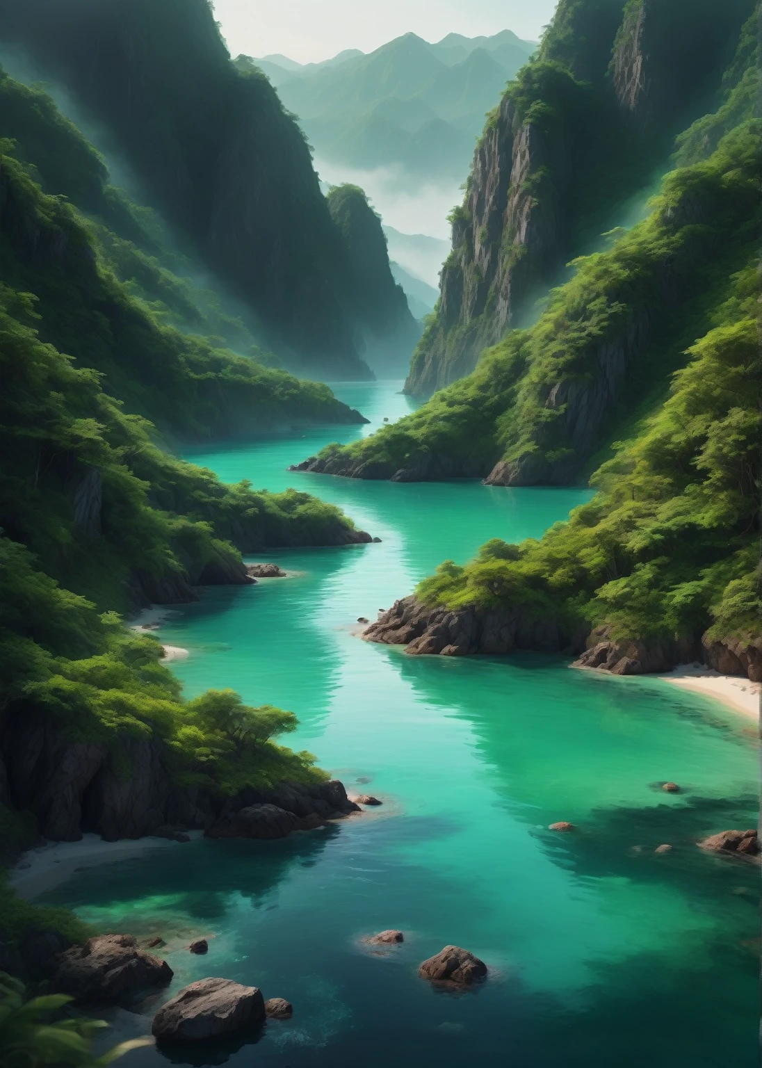 Green mountains surround a paradisiacal beach with crystal clear waters where two rivers meet and flow into the sea; best quality, highly detailed, dynamic, bright, energy waves, explosions of neon lights, smoke and cosmic dust, RAW color photo of very high quality and details, double exposure, sharp lines, dark touch, Canon EOS R10 + effect, focus on art, soft lighting, depth of field effect, f2, 35mm, film grain, front photo, realism, front optical projection image, stereogram, atmospheric perspective, color field painting, conceptual art, social realism, modern, minimalism, romanticism, op art, realism, action painting, hyperrealism, En plein ar, 8k, super details, accurate, best quality, 8k, 4K, high resolution, best quality, award-winning, high details, anatomically correct, UHD, retina, masterpiece, necessary, clear facial features)) ; (((photographic, photographic, photogenic))), candid moment, genuine expressions, detailed facial features, emotional depth (radiant expression; looking at the front of the scene: 1,2), (((completely darkened background))) lights of most ultra-real scenes: 1.8)); ((detail: 1.4, full focus on scene position (f/1.2)); dark background; spectacular ambient lighting, luminous colors, cinematic atmosphere, realism style, intricate details in high capture (((ultra-high resolution, rendering physics-based ((Many bright and colorful particles are flying))