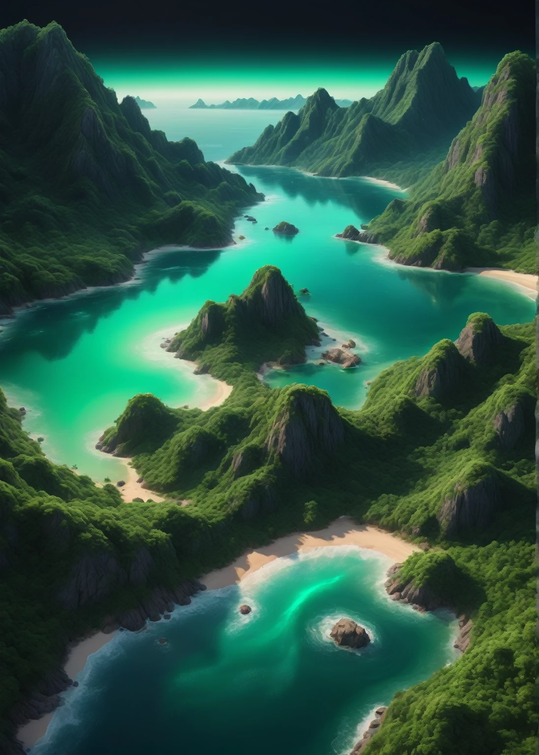 Green mountains surround a paradisiacal beach with crystal clear waters where two rivers meet and flow into the sea; best quality, highly detailed, dynamic, bright, energy waves, explosions of neon lights, smoke and cosmic dust, RAW color photo of very high quality and details, double exposure, sharp lines, dark touch, Canon EOS R10 + effect, focus on art, soft lighting, depth of field effect, f2, 35mm, film grain, front photo, realism, front optical projection image, stereogram, atmospheric perspective, color field painting, conceptual art, social realism, modern, minimalism, romanticism, op art, realism, action painting, hyperrealism, En plein ar, 8k, super details, accurate, best quality, 8k, 4K, high resolution, best quality, award-winning, high details, anatomically correct, UHD, retina, masterpiece, necessary, clear facial features)) ; (((photographic, photographic, photogenic))), candid moment, genuine expressions, detailed facial features, emotional depth (radiant expression; looking at the front of the scene: 1,2), (((completely darkened background))) lights of most ultra-real scenes: 1.8)); ((detail: 1.4, full focus on scene position (f/1.2)); dark background; spectacular ambient lighting, luminous colors, cinematic atmosphere, realism style, intricate details in high capture (((ultra-high resolution, rendering physics-based ((Many bright and colorful particles are flying))