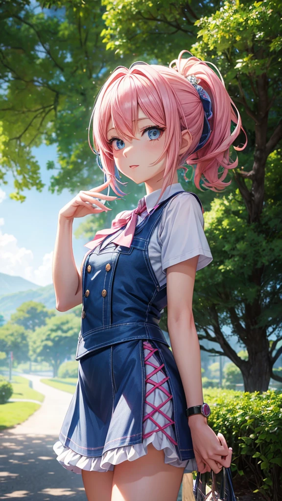 anime girl with pink hair and blue eyes weaAuchg a vest, render of april, sayori, Nahaufnahme eines weiteren Iwakura, 8k portrait rendering, Render of a cute 3D anime girl, photorealistic anime girl rendering, sanfte Anime-CG-Kunst, Close-up of a young anime girl, anime visual of a cute girl, Auch, Anime-Moe-Kunststil