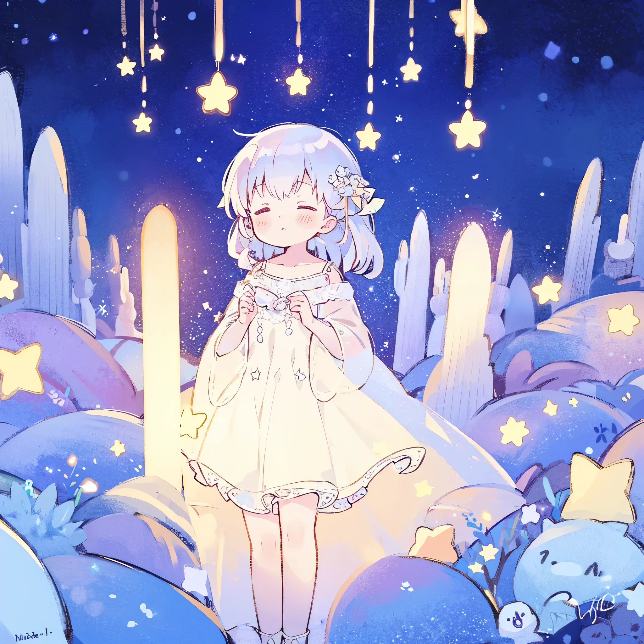wishing star background, magical, whimsical, fantasia, dreamy, serene composition, masterpiece, best quality, perfection, angel girl wearing an ethereal translucent dress that reflects the stars, complex drawing, highly detailed, ethereal, starry night, midjourney style