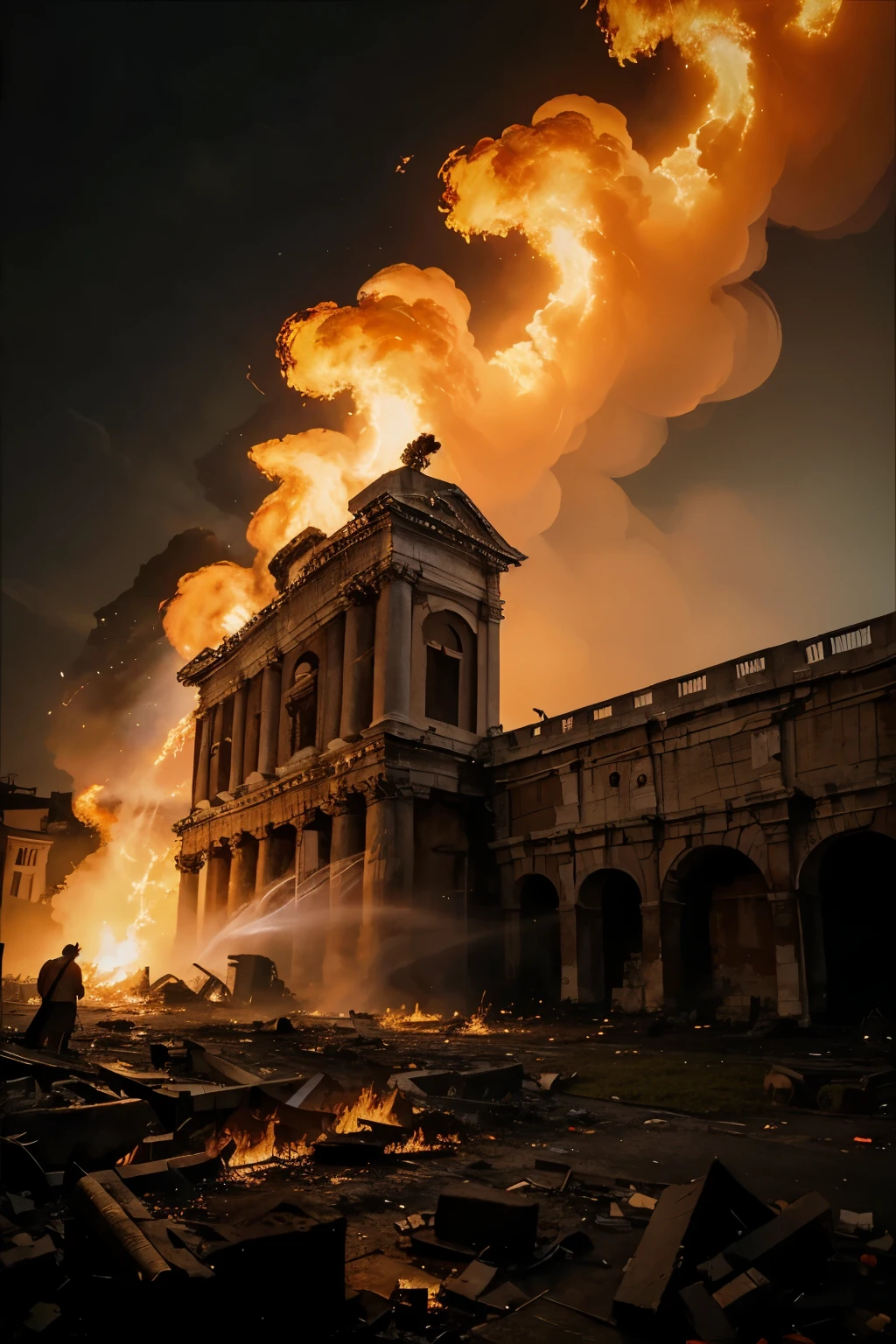 The Fall of Rome, fire covers all of Rome, appearance of the image - painted with oil paints, this should be a music album cover with a lot of drama