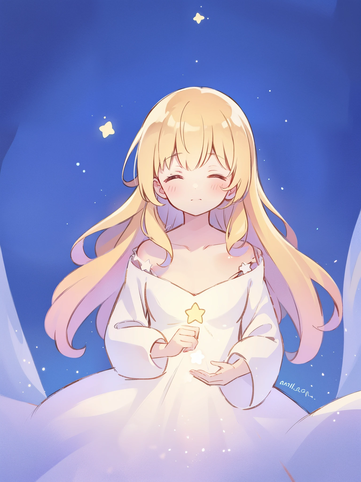 wishing star background, woman surrounded by flowing translucent fabric that reflects the stars, glowing star in front of woman's chest, magical, complex drawing, highly detailed, ethereal, starry night, midjourney style