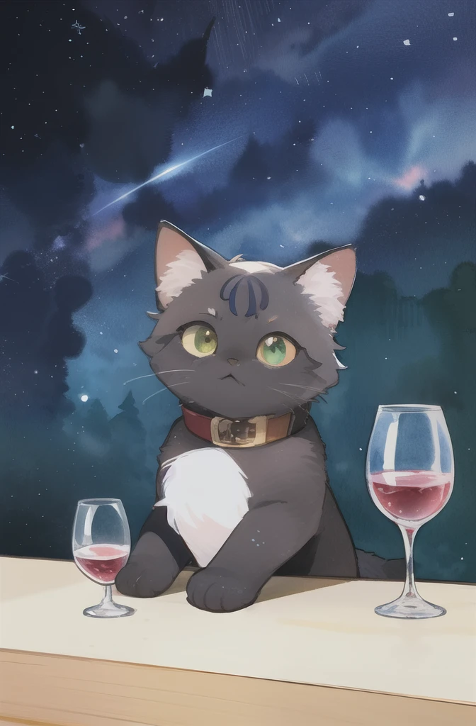 A cat on its two hind legs enjoying a wine. He holds the glass in one paw and thinks about the taste of the wine. The cat is blue and white, it looks like Genshin's Neuvillette. Genshin universe, manga. Dynamic background. Watercolor drawing. 2d cat. Manga style, cool male cat.
