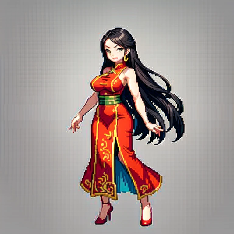 (masterpiece, top quality, best quality), pixel,pixel art,1women,long hair,bosom,red chinese dress, full body, 
 