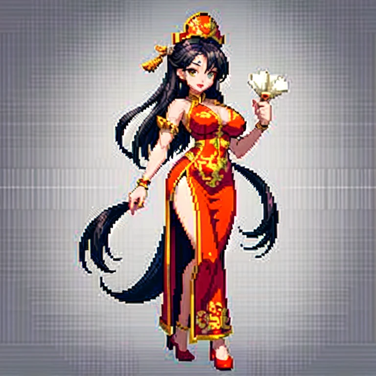 (masterpiece, top quality, best quality), pixel,pixel art,1women,long hair,bosom,red chinese dress, full body, 
 