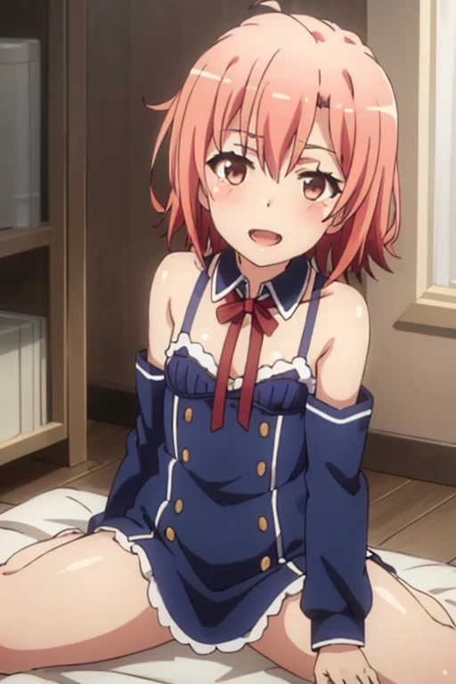 ((highest quality)), ((masterpiece)), (be familiar with), Perfect Face, indoor, Bedroom, Watching the audience,
One woman, Yuigahama Yui,
Open Mouth, Ecstatic expression, blush, smile,
Small breasts, Flat Chest, Young Girl, , , Girl,
Short Hair, Salmon-colored hair, Salmon-colored eyes, Side Pony,
Leg spread,