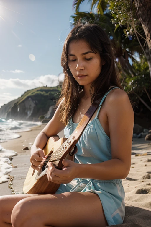 generates an image of a young lady playing a wooden guitar sitting on the beach with sunlight on the other side