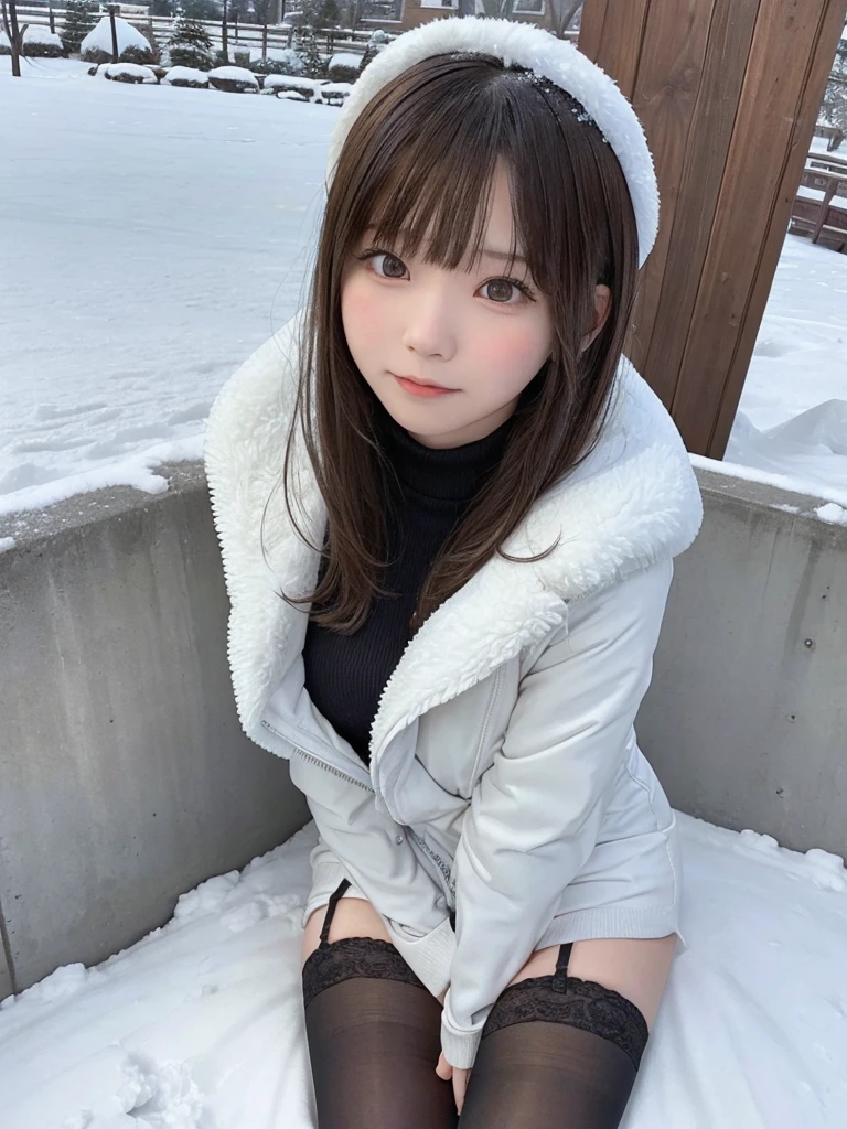 One 21-year-old girl, bangs,stockings,race,dress,Outdoor,snow,snow花