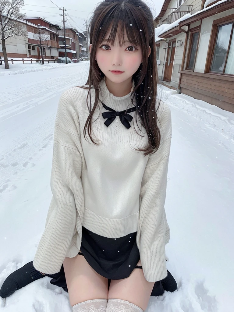 One 21-year-old girl, bangs,stockings,race,dress,Outdoor,snow,snow花