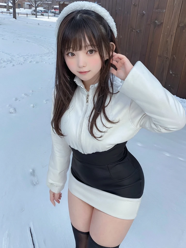 One 21-year-old girl, bangs,stockings,race,dress,Outdoor,snow,snow花