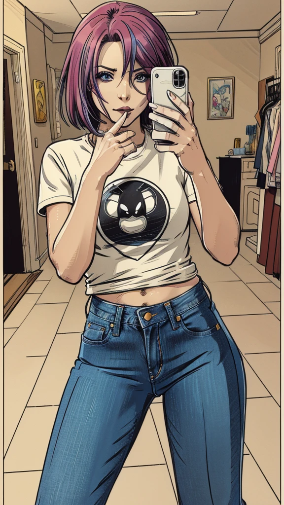 vector image, 2d cartoon,masterpiece, An anime woman,colored hair, provocative makeup,tight jeans, heels, helpless pose, leather jacket, t-shirt, taking selfie