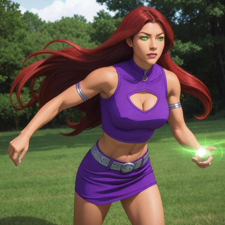 Photorealistic, Ultra realistic, 16k, high quality, cinematic lights, dream atmosphere, dream aesthetic, 1girl, red-scarlet hair, (realistic silky hair), StarfireDC, glowing green eyes (shining), long flowing hair(red), tanned skin illuminated, realistic textured skin, realistic shading, glowing eyes tan skin, cleavage, large natural breasts, (purple crop top:1.2), bare shoulders, midriff, purple miniskirt, purple thighhighs, realistic textures, belt, 16k resolution, detailed face and eyes, muscular female body, strong arms, lean belly, strong hips, muscular thighs, thick legs, full body, realistic, flying through the air, glowing balls of energy in her hands, style-paintmagic, different positions at different types of angles. 