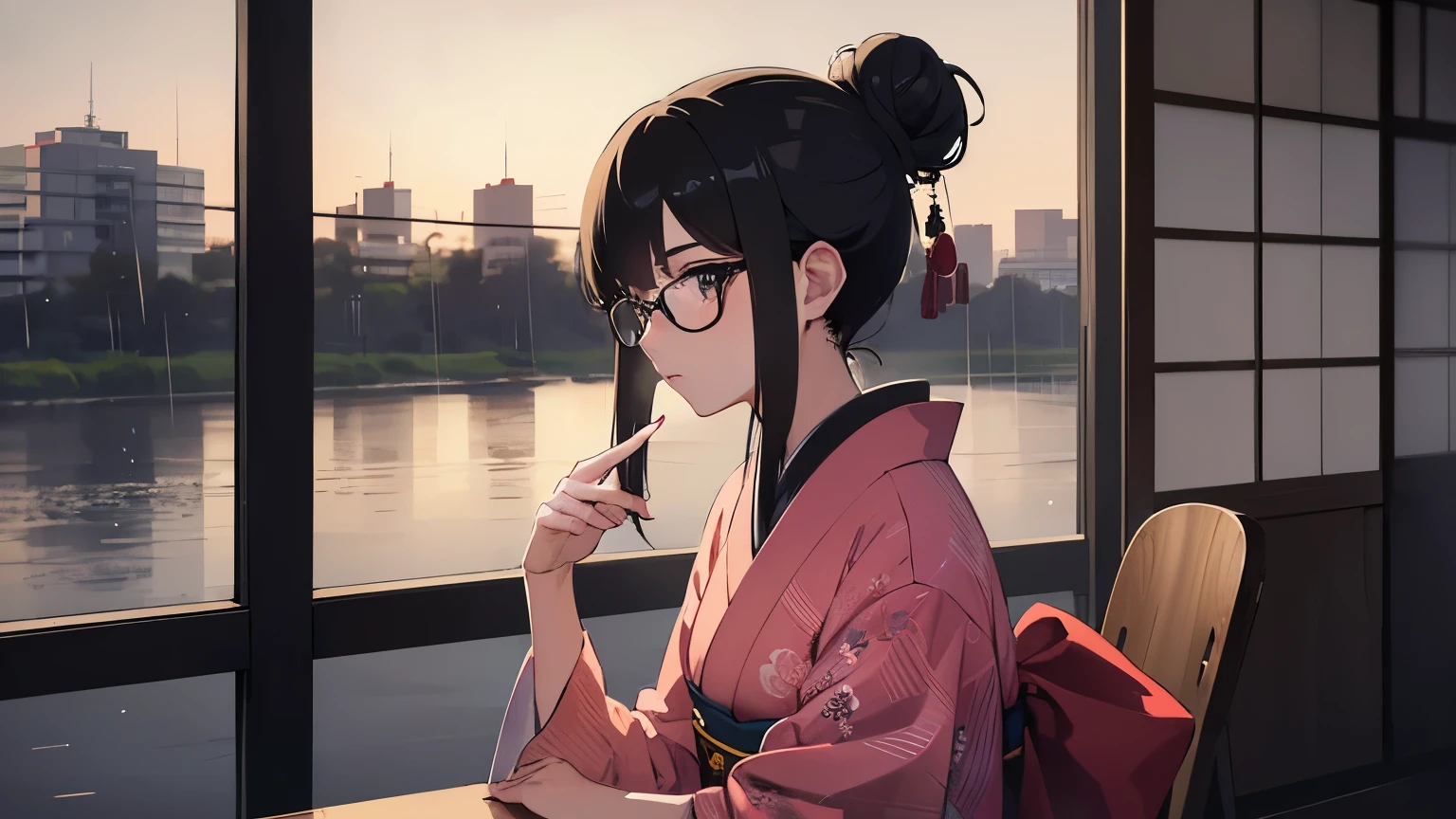 (1girl:1.3), Masterpiece, Best quality, amazing beauty, [[3D]], 4K, absurdres, finely detail, super detailed eye, perfect anatomy, official art, A beautiful girl looking into the distance in a traditional Japanese cafe, Warm lighting, Wearing a kimono, A kimono with a vividly colored pattern, Outside, the rain is falling quietly, Japanese anime style, hair bun, black hair, super shiny detailed black eye, pale skin, detailed skin, evening,Glasses,　Sitting in a chair, Shooting the whole picture from a distance, Dark Eyes, Relaxed atmosphere, Lo-fi, Hands are down
