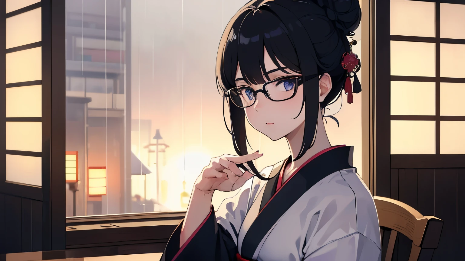 (1girl:1.3), Masterpiece, Best quality, amazing beauty, [[3D]], 4K, absurdres, finely detail, super detailed eye, perfect anatomy, official art, A beautiful girl looking into the distance in a traditional Japanese cafe, Warm lighting, Wearing a kimono, A kimono with a vividly colored pattern, Outside, the rain is falling quietly, Japanese anime style, hair bun, black hair, super shiny detailed black eye, pale skin, detailed skin, evening,Glasses,　Sitting in a chair, Shooting the whole picture from a distance, Dark Eyes, Relaxed atmosphere, Lo-fi, Hands are down