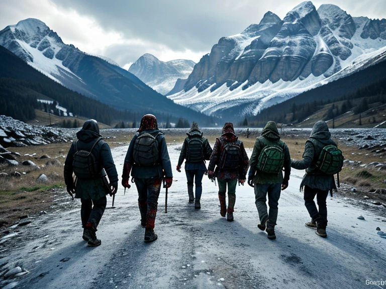 Realistic image of a horde of zombies looking back as they walk towards icy mountains