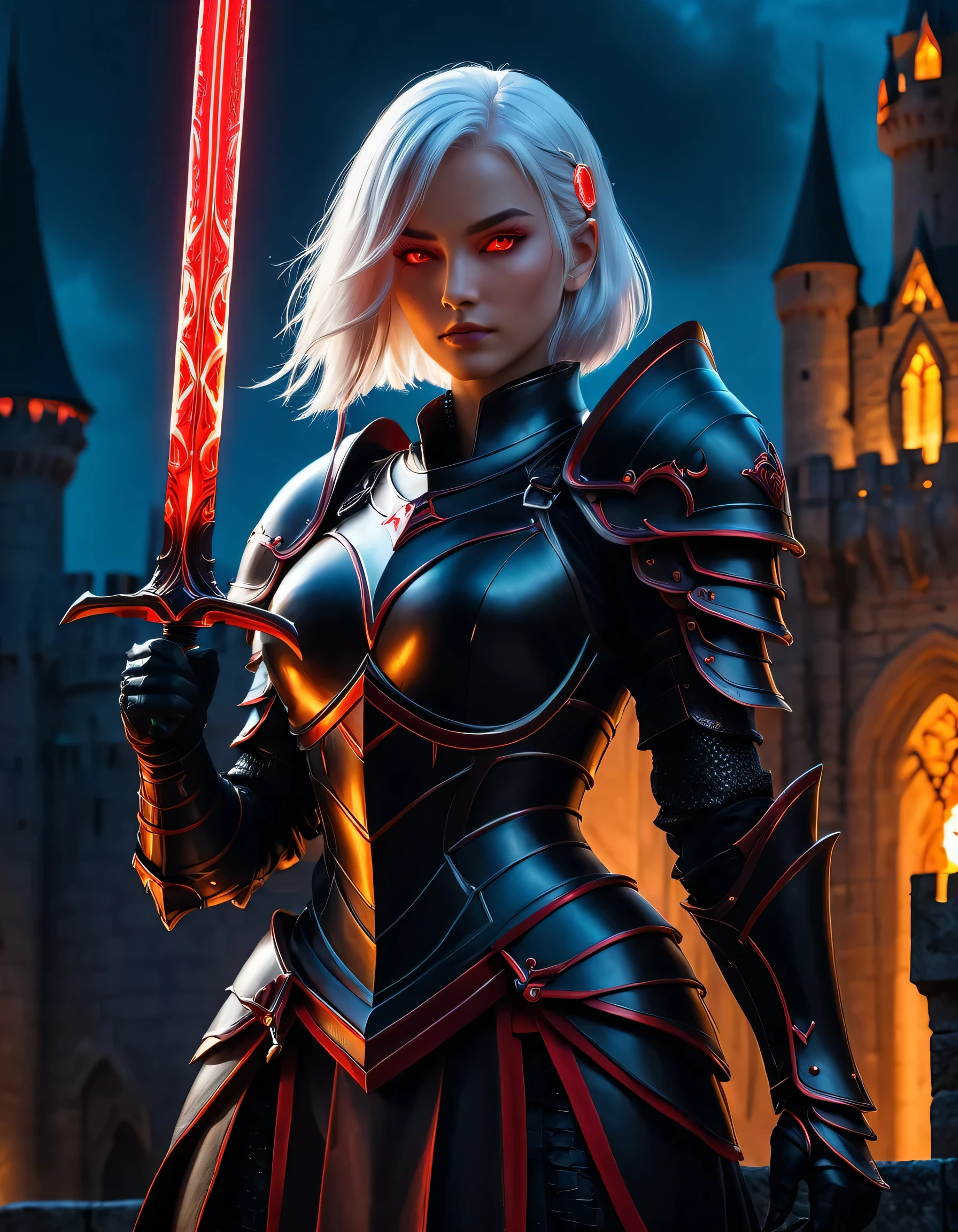 Cinematic shot of a female knight wearing a super luxurious black armor with red incrustation, beautiful super white hair, neon red glowing eyes, holding red glowing sword, sword pointing straight up in middle, fantasy castle in background, reflective light, HKStyle, HD, masterpiece, best quality, hyper detailed, ultra detailed, super realistic