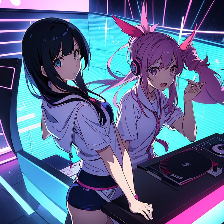 two anime girls in headphones are playing music on a turntable, anime vibes, anime style 4 k, ig studios anime style, nightcore, 8 0 s anime vibe, anime girls, anime style. 8k, lofi artstyle, dj sura, anime moe artstyle, anime style illustration, trending on cgstation, anime style artwork, e-girl Special Move