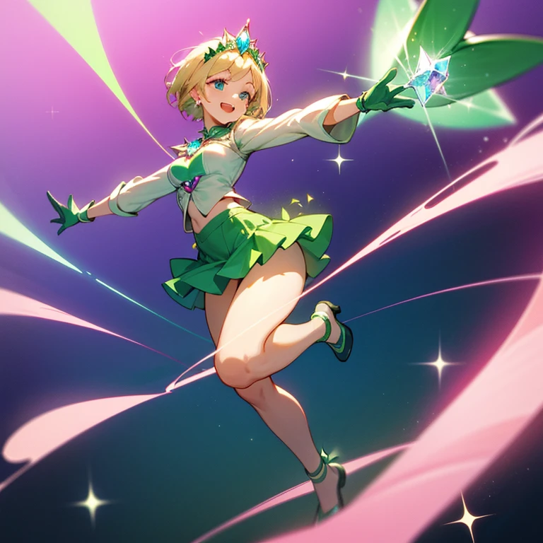 1 young woman, (((extremely cute and beautiful))), (((smile))), (((open mouth))),  (((fully exposed neckline))), (((medium breasts))), (((thick thighs))), (((white top))), (((short hair))), (((blonde hair))), ((full body)), shiny skin, (((blue eyes))), (((magical girl style))), (((magical girl uniform))), (((green mini skirt))), (((green long gloves))), ((magic rod))), (((hair tiara))), (((sparkling heart pink background))), (((crystal light effect))), ( Magic Effect: 0.9)