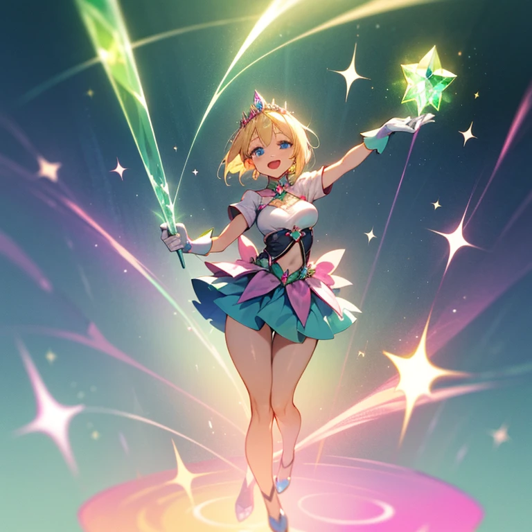 1 young woman, (((extremely cute and beautiful))), (((smile))), (((open mouth))), (((fully exposed neckline))), (((medium breasts))), (((thick thighs))), (((white top))), (((short hair))), (((blonde hair))), ((full body)), shiny skin, (((blue eyes))), (((magical girl style))), (((magical girl uniform))), (((green mini skirt))), (((green long gloves))), ((magic rod))), (((hair tiara))), (((sparkling heart pink background))), (((crystal light effect))), ( Magic Effect: 0.9)