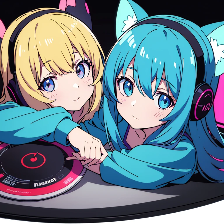 two anime girls in headphones are playing music on a turntable, anime vibes, anime style 4 k, ig studios anime style, nightcore, 8 0 s anime vibe, anime girls, anime style. 8k, lofi artstyle, dj sura, anime moe artstyle, anime style illustration, trending on cgstation, anime style artwork, e-girl Special Move
