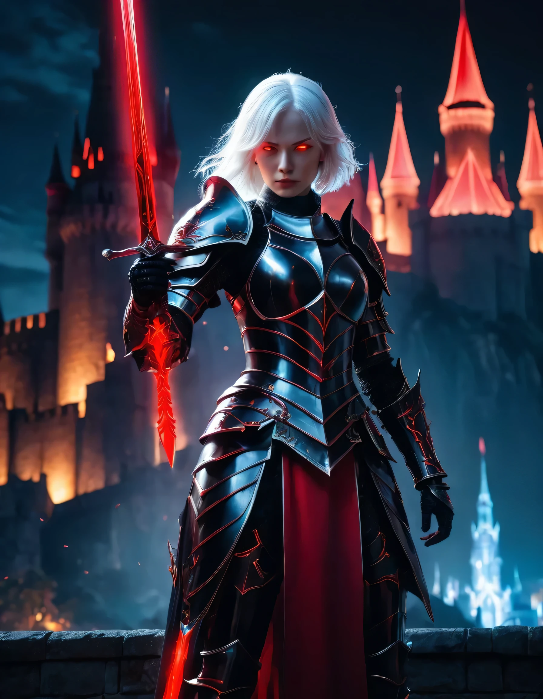 Cinematic shot of a female knight wearing a super luxurious black armor with red incrustation, beautiful super white hair, neon red glowing eyes, holding red glowing sword, sword pointing straight up in middle, fantasy castle in background, reflective light, HKStyle, HD, masterpiece, best quality, hyper detailed, ultra detailed, super realistic