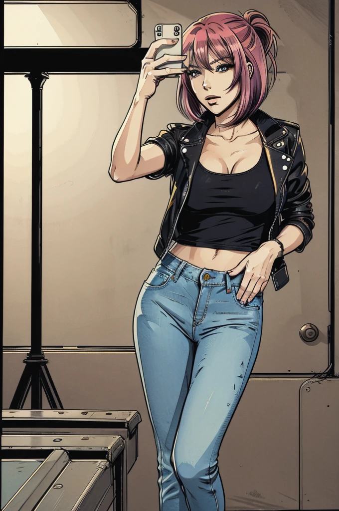 vector image, 2d cartoon,masterpiece, An anime woman,colored hair, provocative makeup,tight jeans, heels, helpless depraved pose, leather jacket, t-shirt, taking selfie