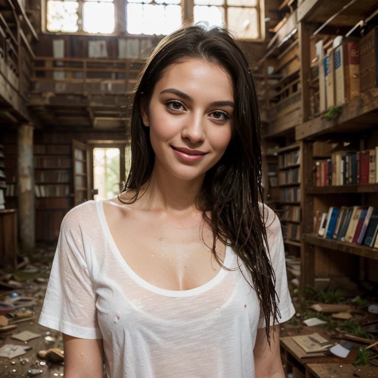 a woman, 25ear old, long brunette hairs, textured skin, romantic smile, a lot of details, plan large, inside an abandoned library, Haunted house, ruine, salopette en cuire, wet white t-shirt, dust spots