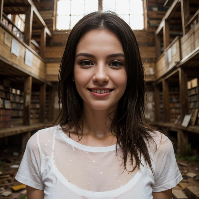 a woman, 25ear old, long brunette hairs, textured skin, romantic smile, a lot of details, plan large, inside an abandoned library, Haunted house, ruine, salopette en cuire, wet white t-shirt, dust spots