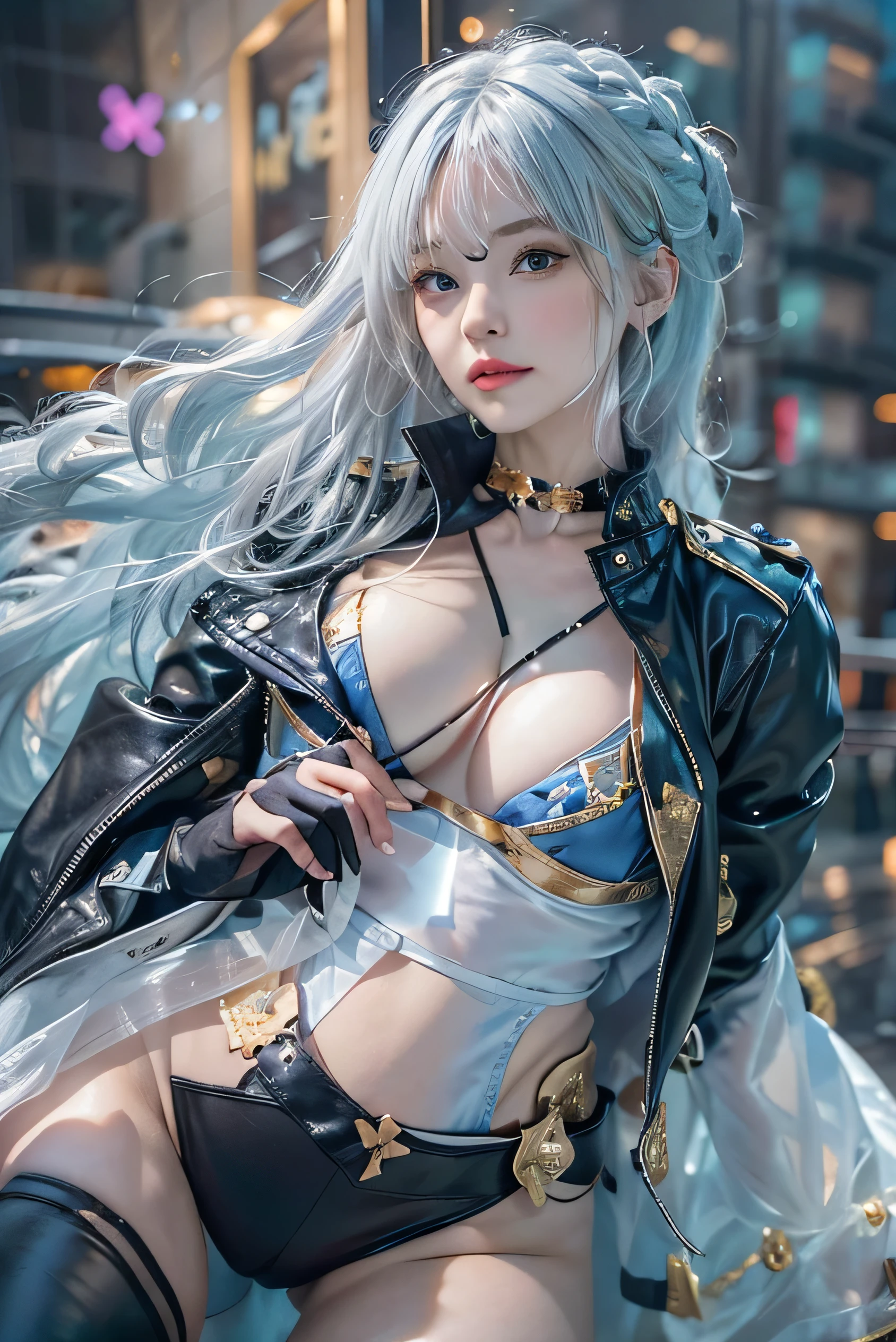 (Photorealistic:1.8, highest quality:1.8,8K masterpiece:1.8,High resolution,Mastepiece:1.8,RAW Photos,Cinematic lighting、8mm fisheye lens),No split screen、cyber punk、Downtown at night、City lights、1 Beautiful Warrior Fighting the Enemy:1.5、(Completely naked、Combat Hair Ornaments、Bondage、Leather jacket、Red wedgie leotard、choker、Knee-high boots、Beautiful ass、Beautiful thighs、Plump nipples、Nipple cover bandage、Nipples are visible through the costume、Beautiful breasts、cameltoe、Slender Abs:1.2)、Beautiful and detailed eyes:1.7、Beautiful Skin:1.8、(Soryu Asuka Langley)(Character Focus)、
A rich expression、Gets angry violently、laugh at、Surprised、
(midium Hair:1.2, Beautiful, shining blue, white, black, silver and gold hair:1.5)、Sparkling Blue Eyes、Fine Lines