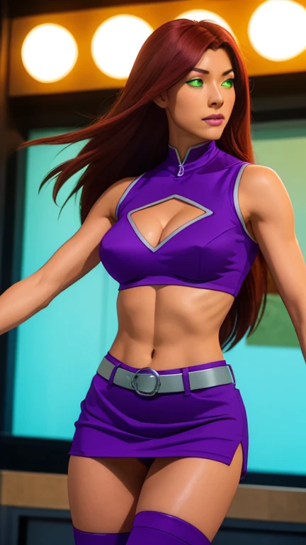 Photorealistic, Ultra realistic, 16k, high quality, cinematic lights, dream atmosphere, dream aesthetic, 1girl, red-scarlet hair, (realistic silky hair), StarfireDC, glowing green eyes (shining), long flowing hair(red), tanned skin illuminated, realistic textured skin, realistic shading, glowing eyes tan skin, cleavage, large natural breasts, (purple crop top:1.2), bare shoulders, midriff, purple miniskirt, purple thighhighs, realistic textures, belt, 16k resolution, detailed face and eyes, muscular female body, strong arms, lean belly, strong hips, muscular hot thighs, thick legs, full body, realistic, flying through the air, glowing balls of energy in her hands, style-paintmagic, different positions at different types of angles.