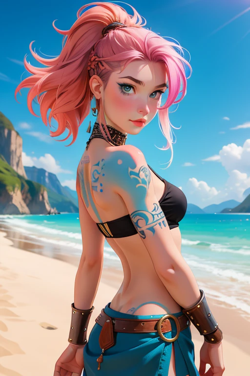 Une femme, 25 ans, mangas, cheveux longs, cheveux multicolores, beaucoup de Détails, viking, armure en cuire et fourrure, tatouage, fjord