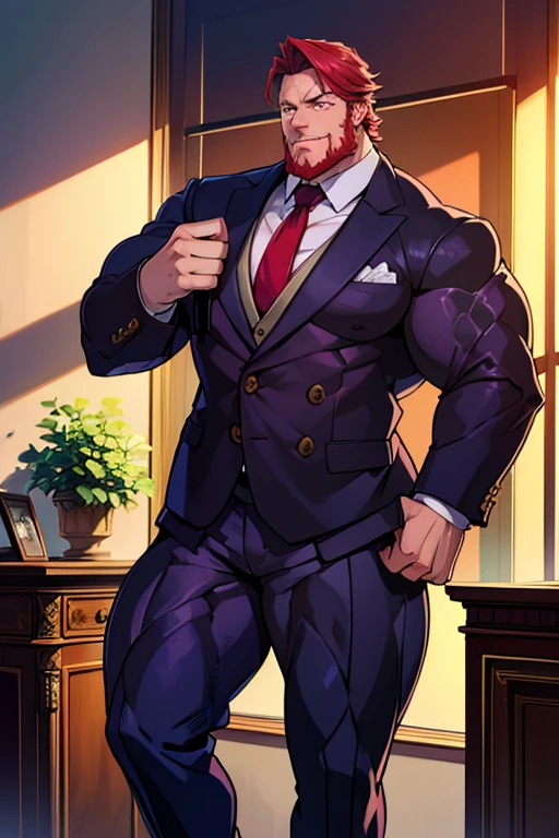 10'6" Tall, muscular, bodybuilder physique young man with red hair, pink eyes, fair skin, exceptional height, wearing a businessman's suit, stands in his office, facing forward, elegant, with an authoritative posture, confident smile, handsome, clean-shaven, wearing well-tailored clothing, with dyed inner hair, in anime style, a masterpiece, precisely drawn, anatomically accurate, casual. High detail, high quality, best quality, 1080p, 8k